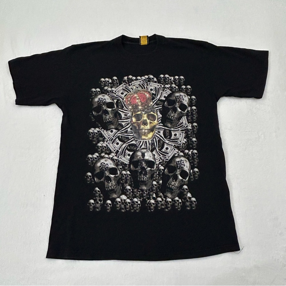 Vintage Lusso Wear Streetwear King of Skulls & Money Black Graphic Shirt Mens XL